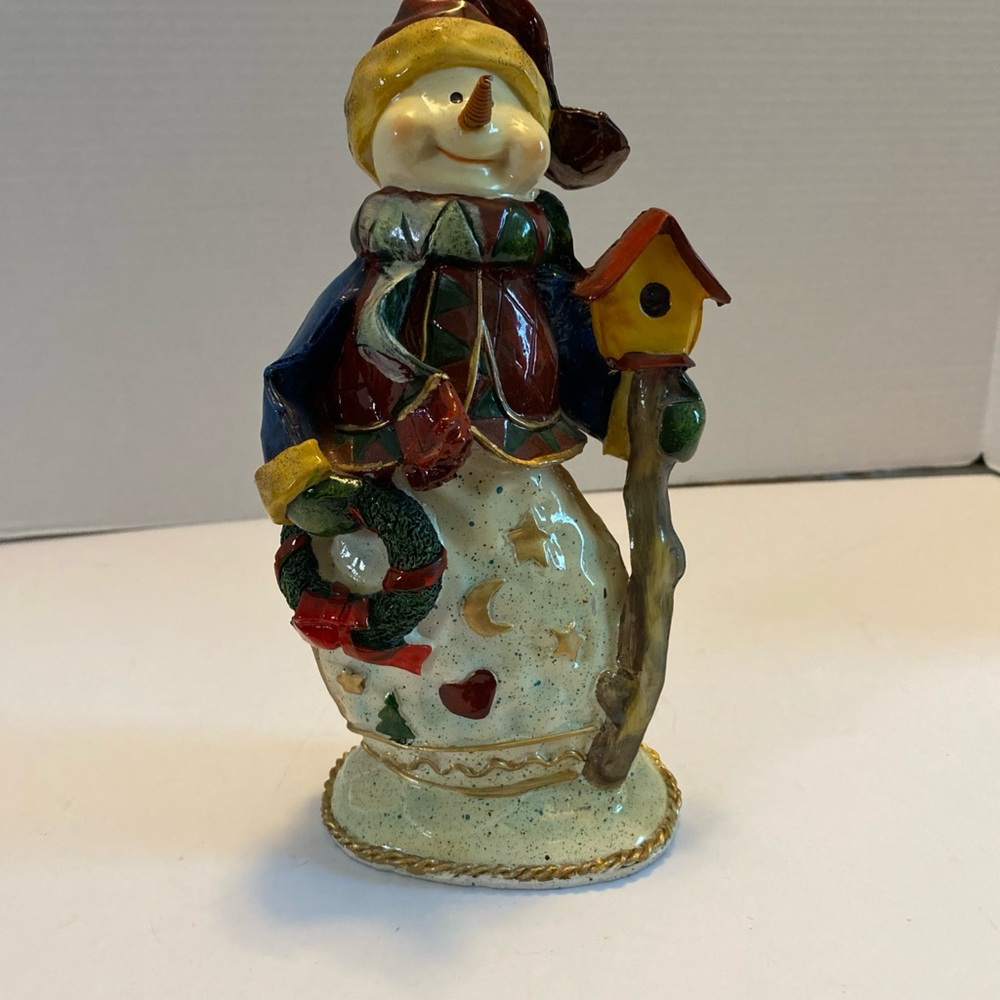 Whimsical snowman with Wire Nose, Wreath & Bird House. Holiday  Christmas  Decor